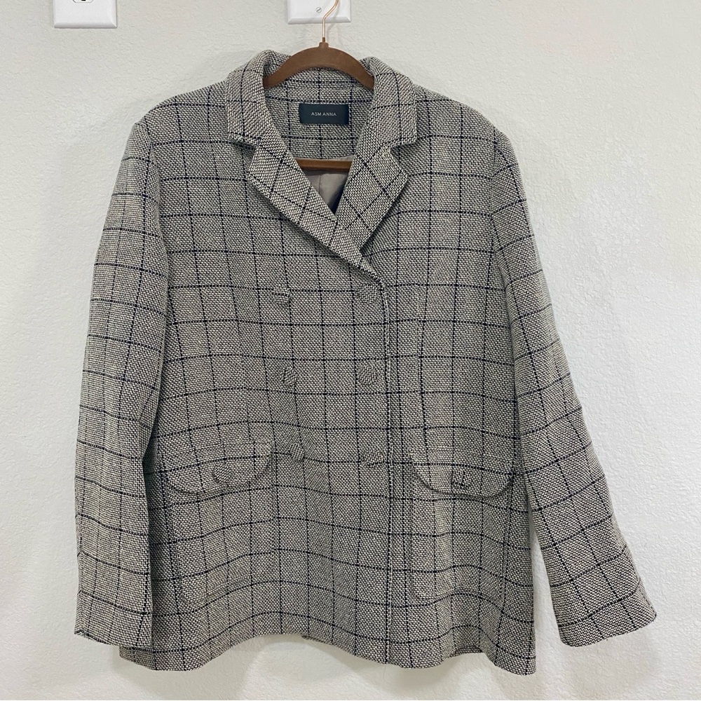 ASM ANNA Women's M Gray Check Tweed Blazer 70% Australian Wool Lined Classic